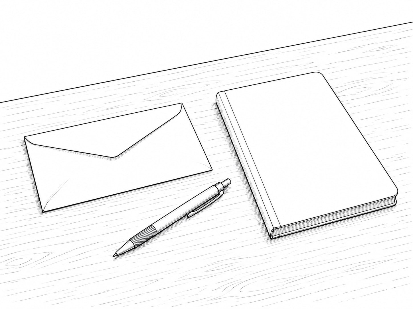 An unopened envelope beside a pen and a closed notebook on a plain desk.