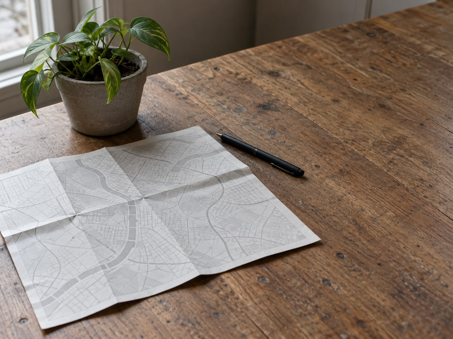 A neatly folded paper map of a neighborhood beside a pen and a small potted plant on a kitchen table.