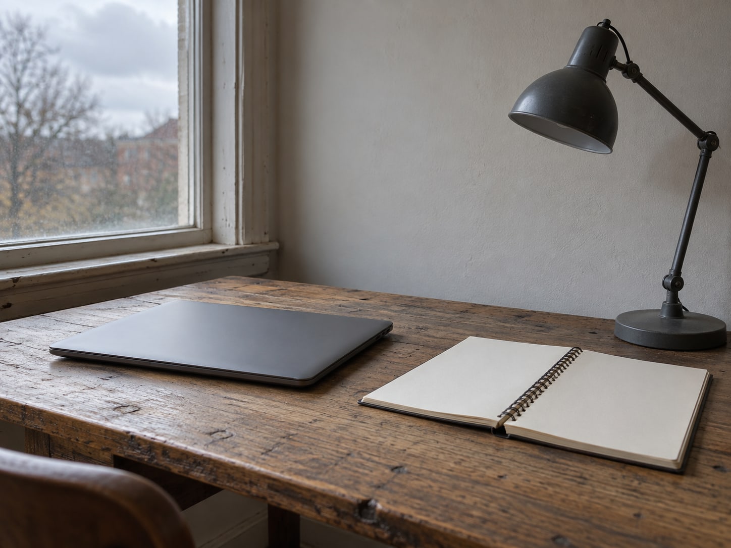 A closed laptop and a switched-off desk lamp beside a paper appointment book on a worn wooden desk at the end of a working day.