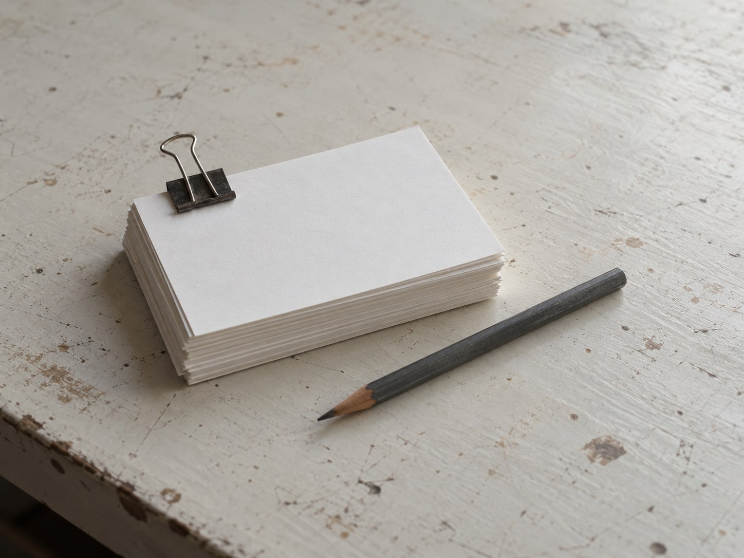 A stack of blank index cards held with a binder clip beside a pencil on a plain tabletop, ready to be filled in.