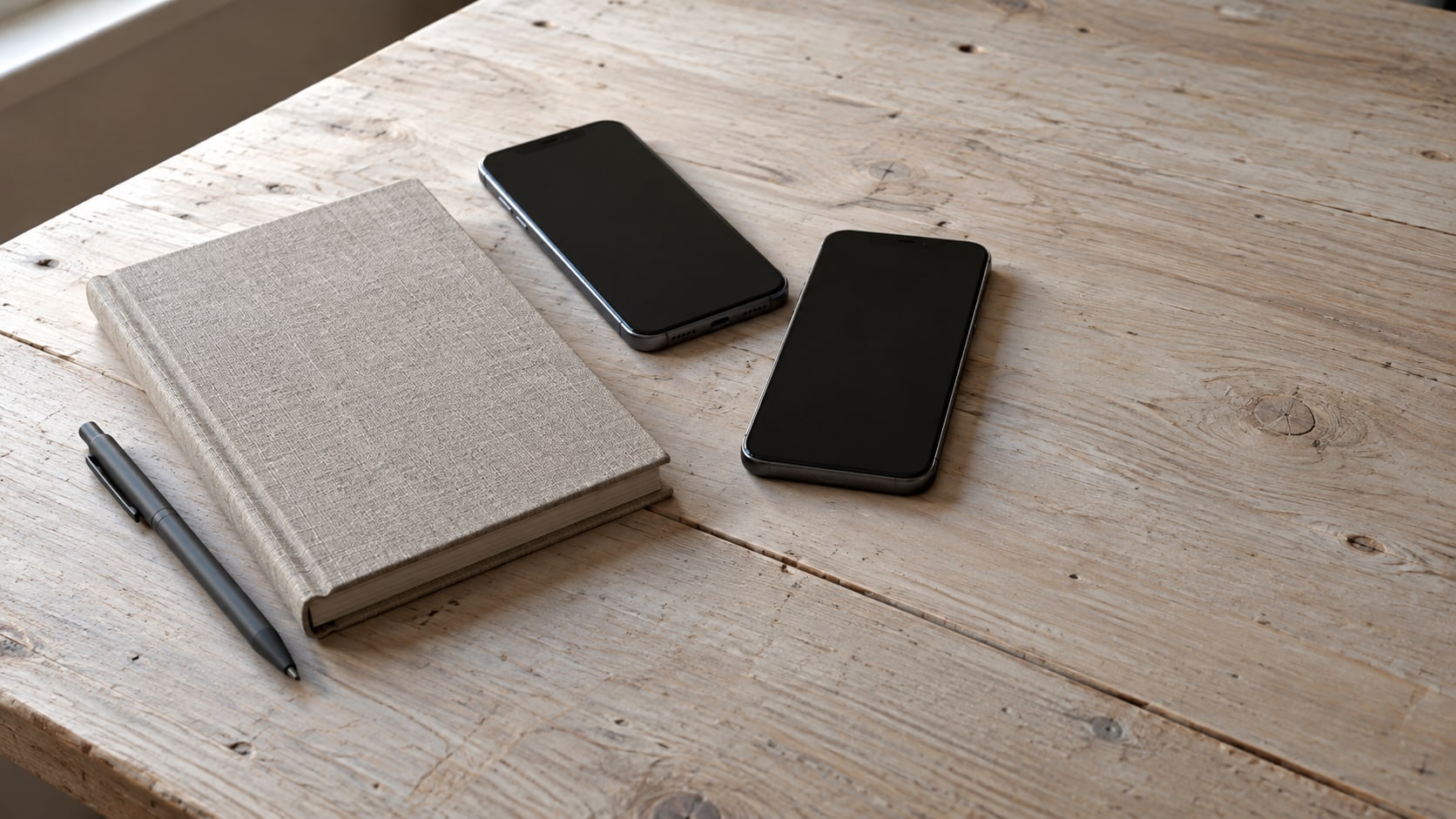 A closed notebook and a pen beside two switched-off smartphones on a clean wooden desk in soft window light.