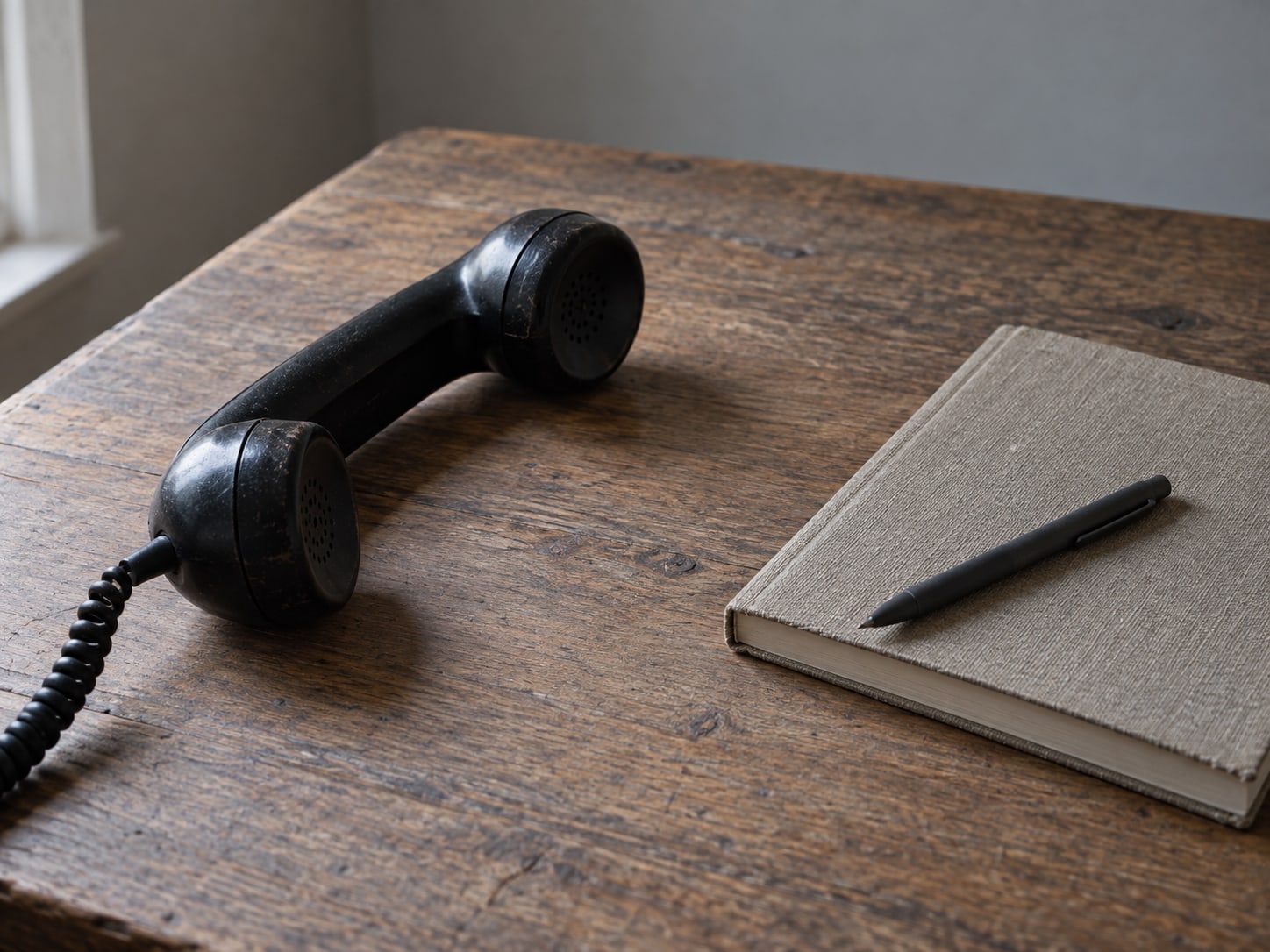 A desk telephone handset resting beside a closed notebook and a pen on a wooden desk.