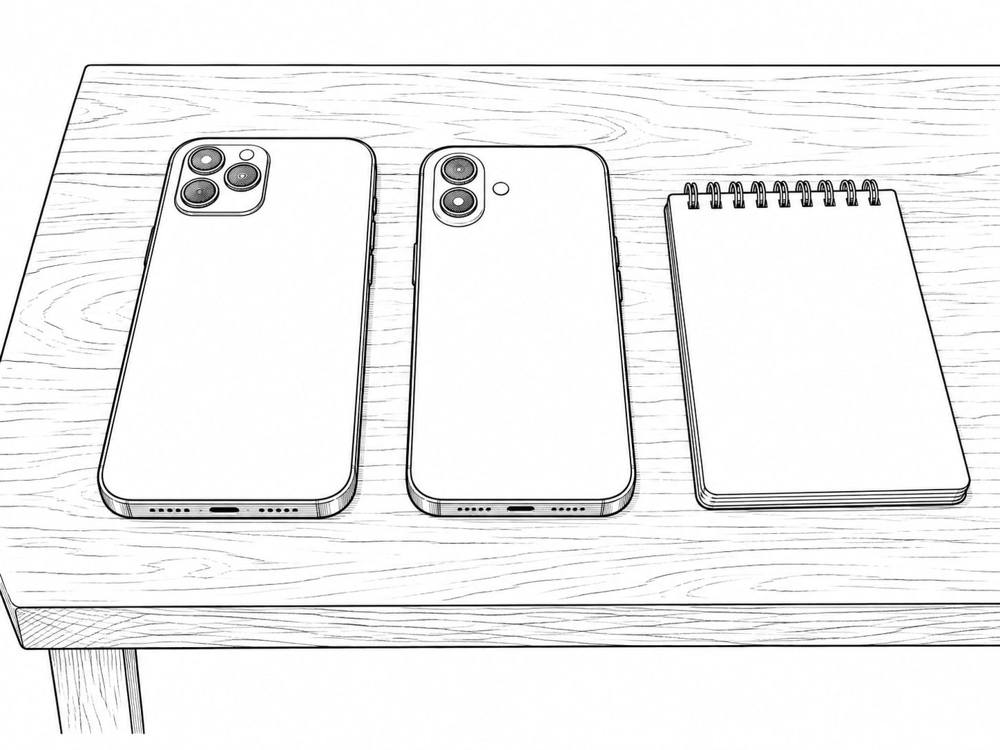 Two smartphones lying face down side by side on a plain wooden table beside a small blank notepad.