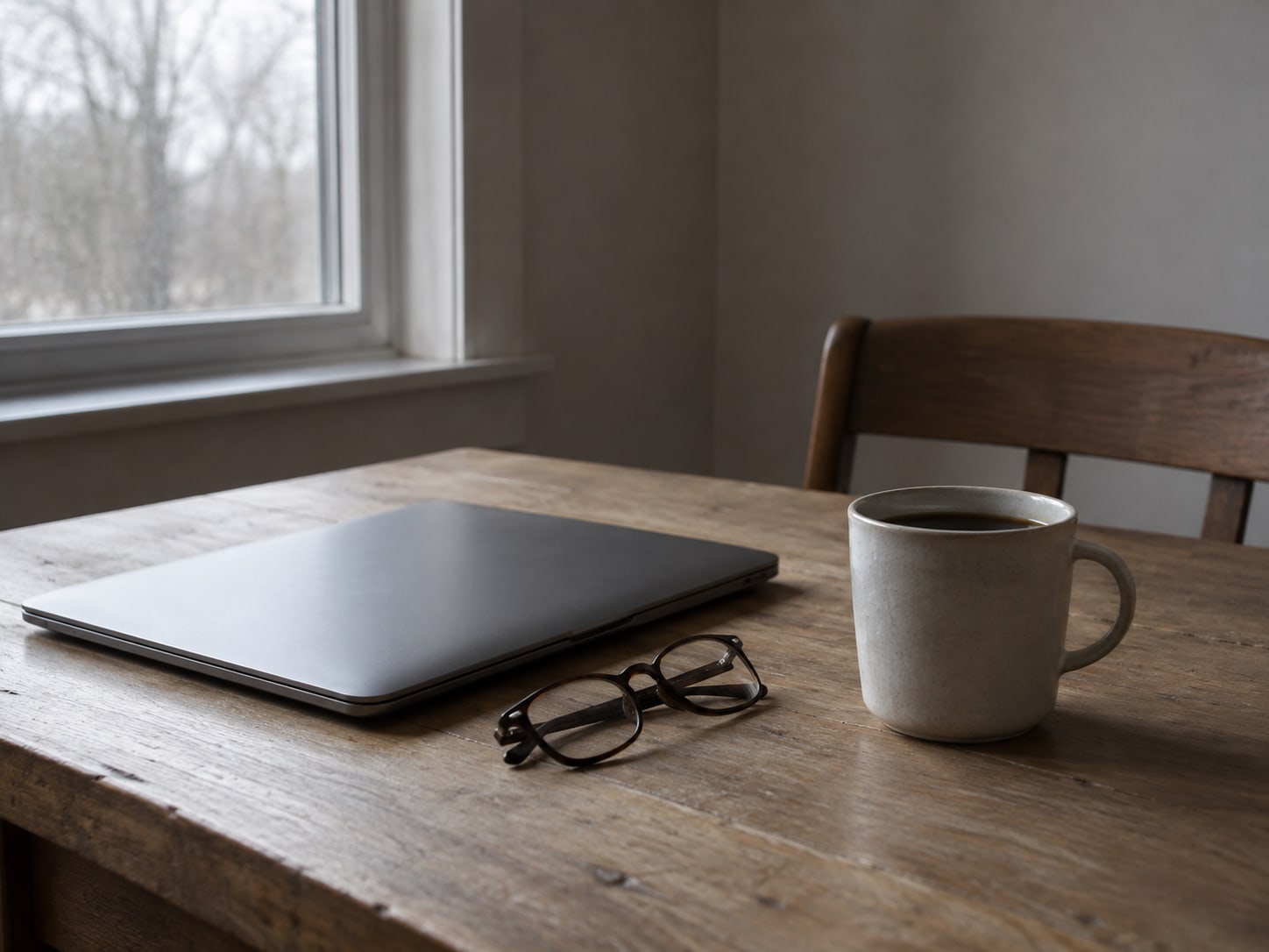 A closed laptop and a folded pair of reading glasses on a kitchen table beside a cup of coffee in the early morning light.