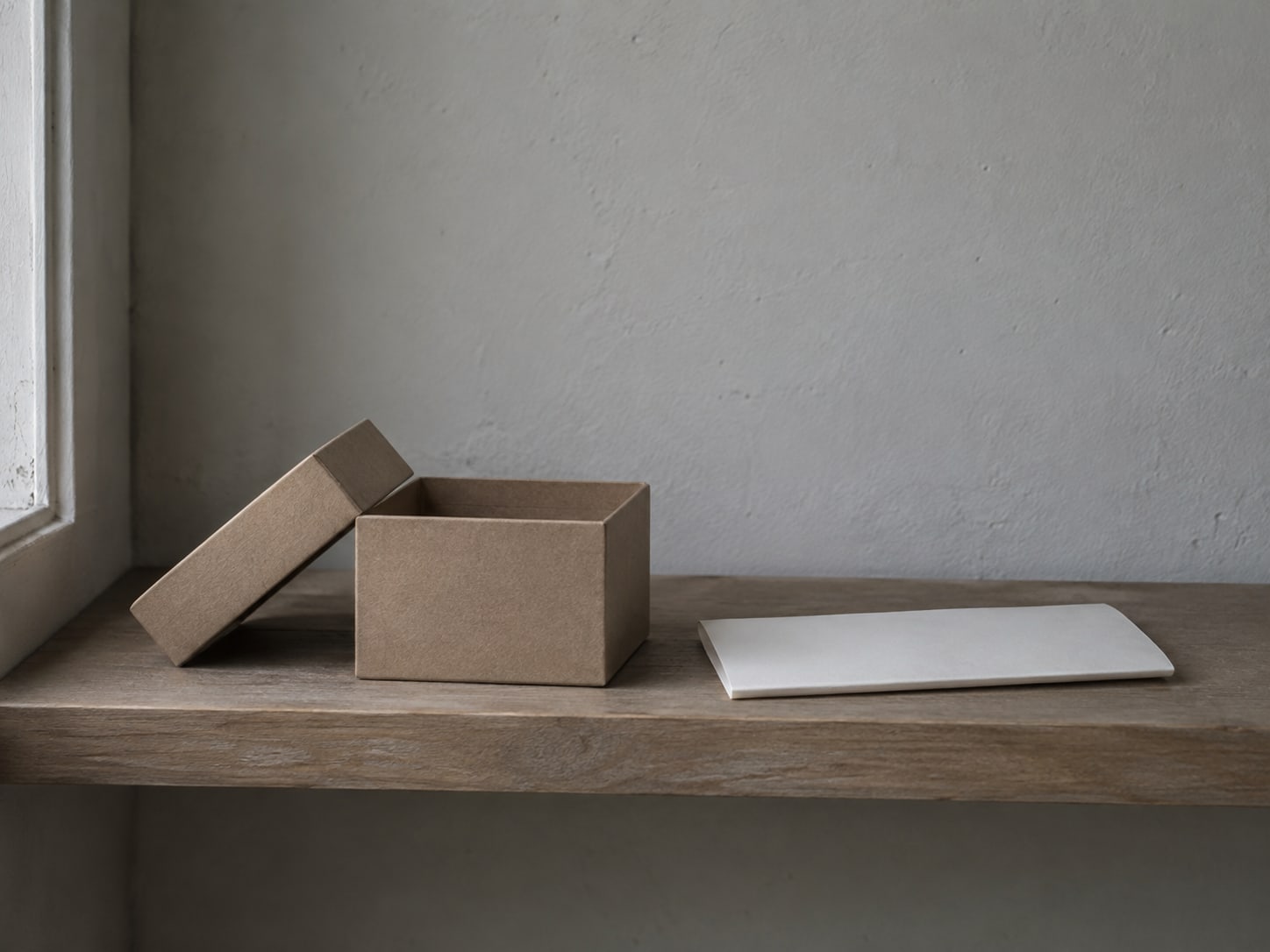 A small cardboard box with its lid set to one side on a shelf, next to a neatly folded blank sheet of paper.