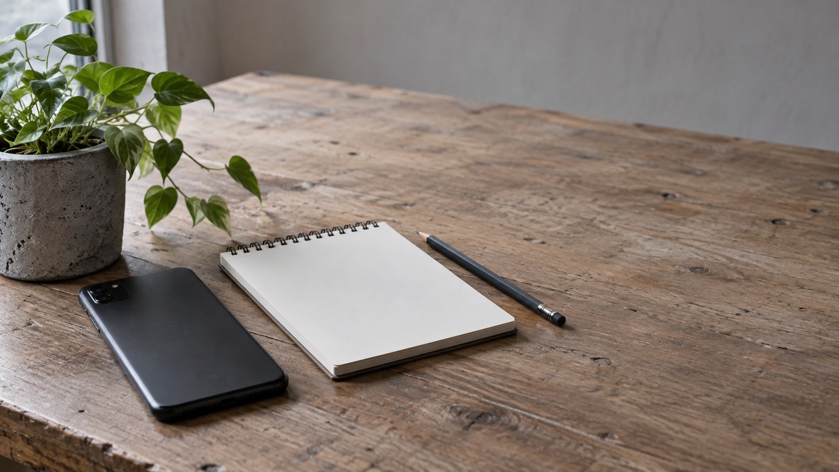 A face-down phone beside a small potted plant, a blank notepad and a pencil on a sunlit wooden shop counter.