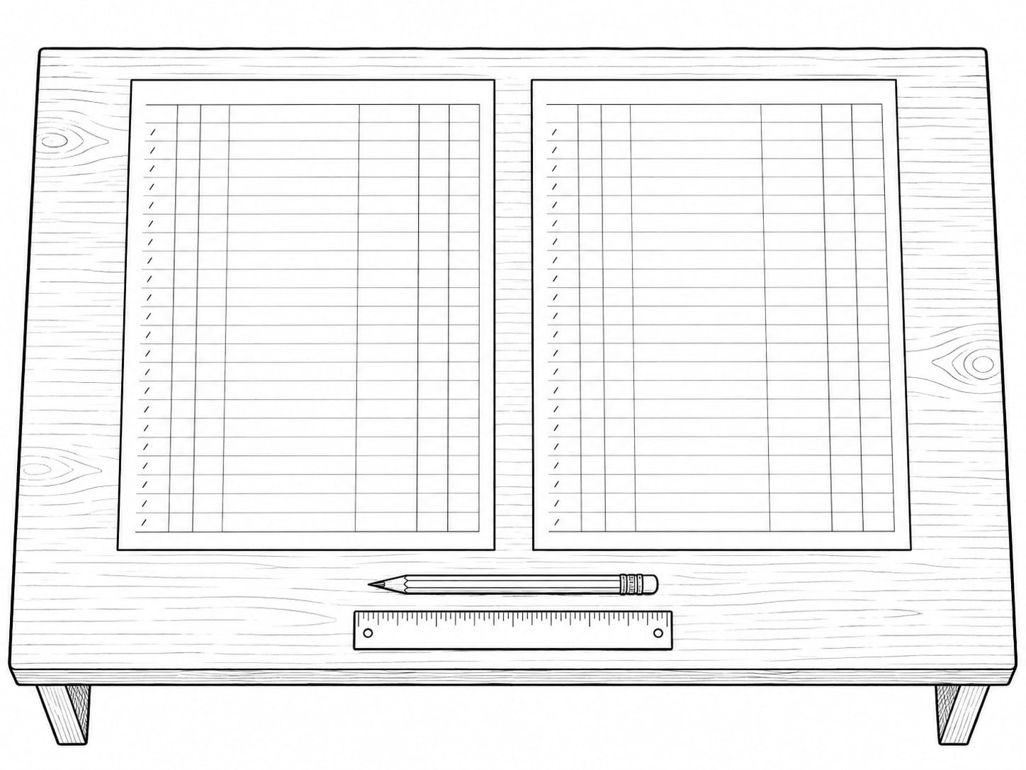 Two blank ledger sheets side by side on a desk with faint pencil tick marks, a sharpened pencil and a small ruler.