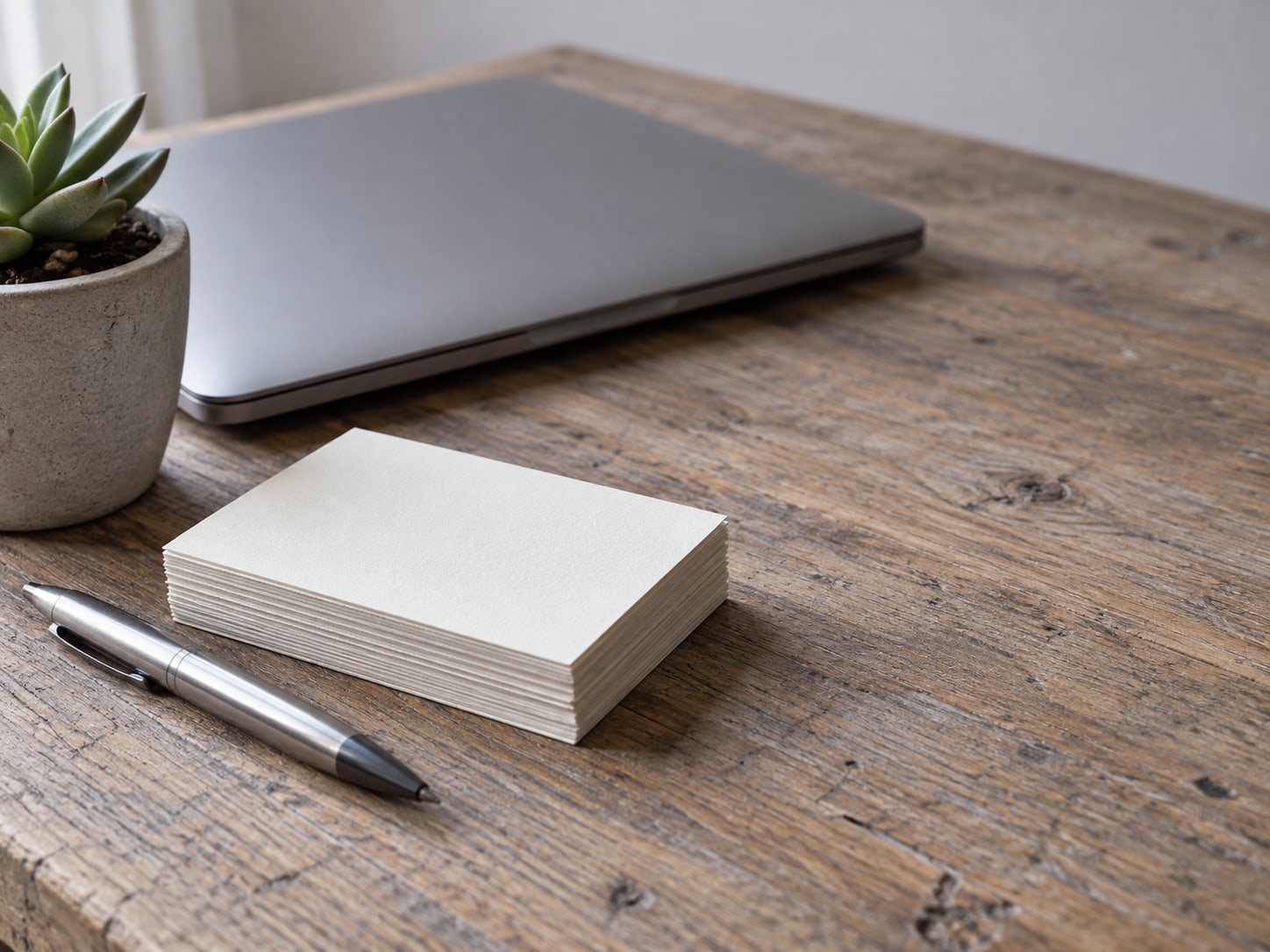 A small stack of blank sign-up cards and a pen beside a closed laptop and a potted succulent on a shop counter.