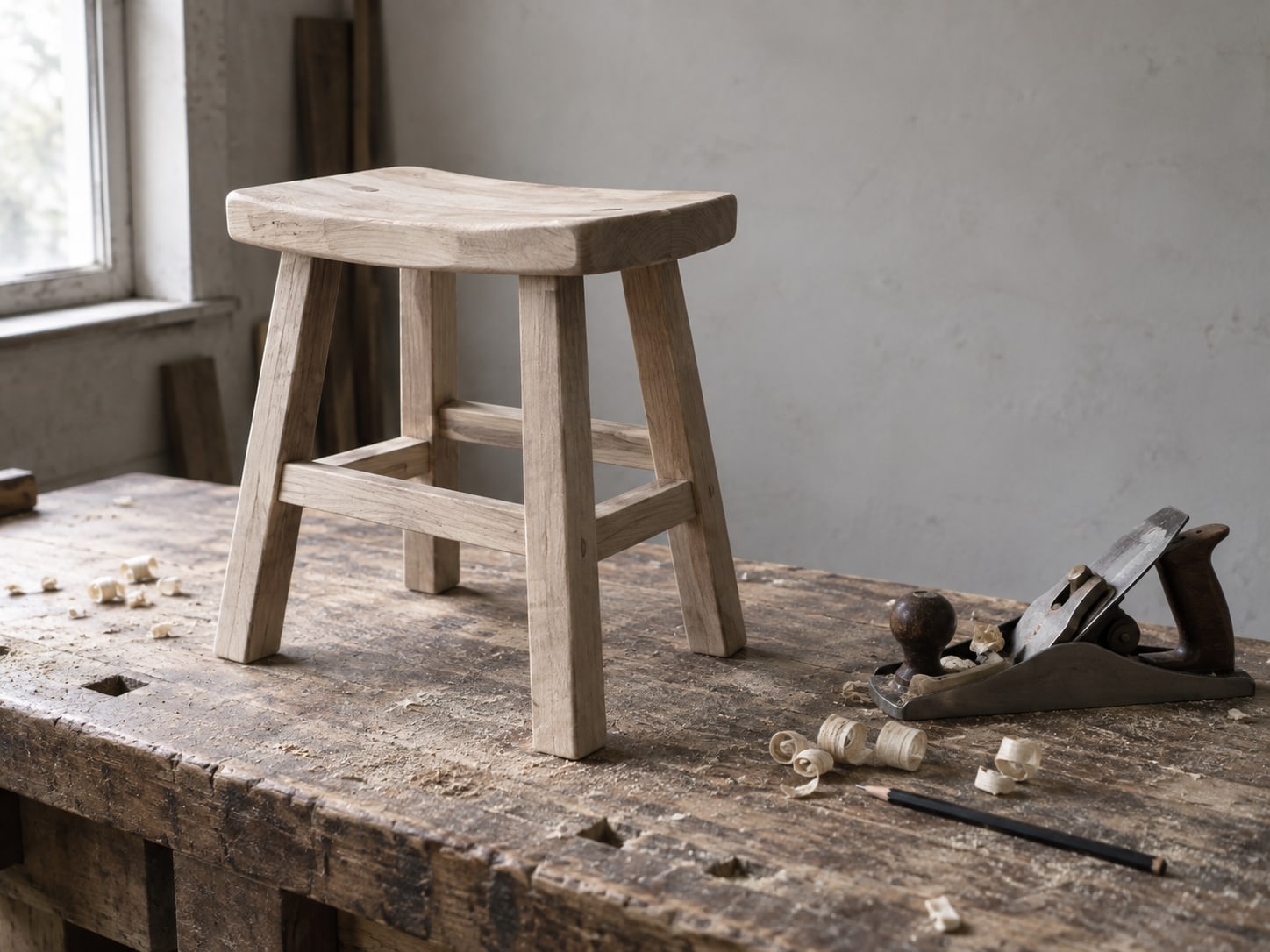 A half-finished wooden stool on a workbench with a hand plane, a few curls of shaved wood and a pencil beside it.