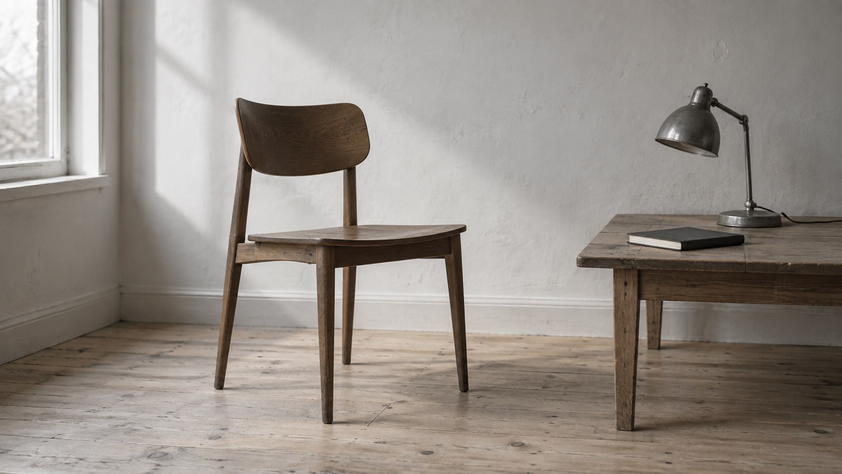 A single dining chair beside a small desk lamp and a closed notebook on a pale wooden floor.