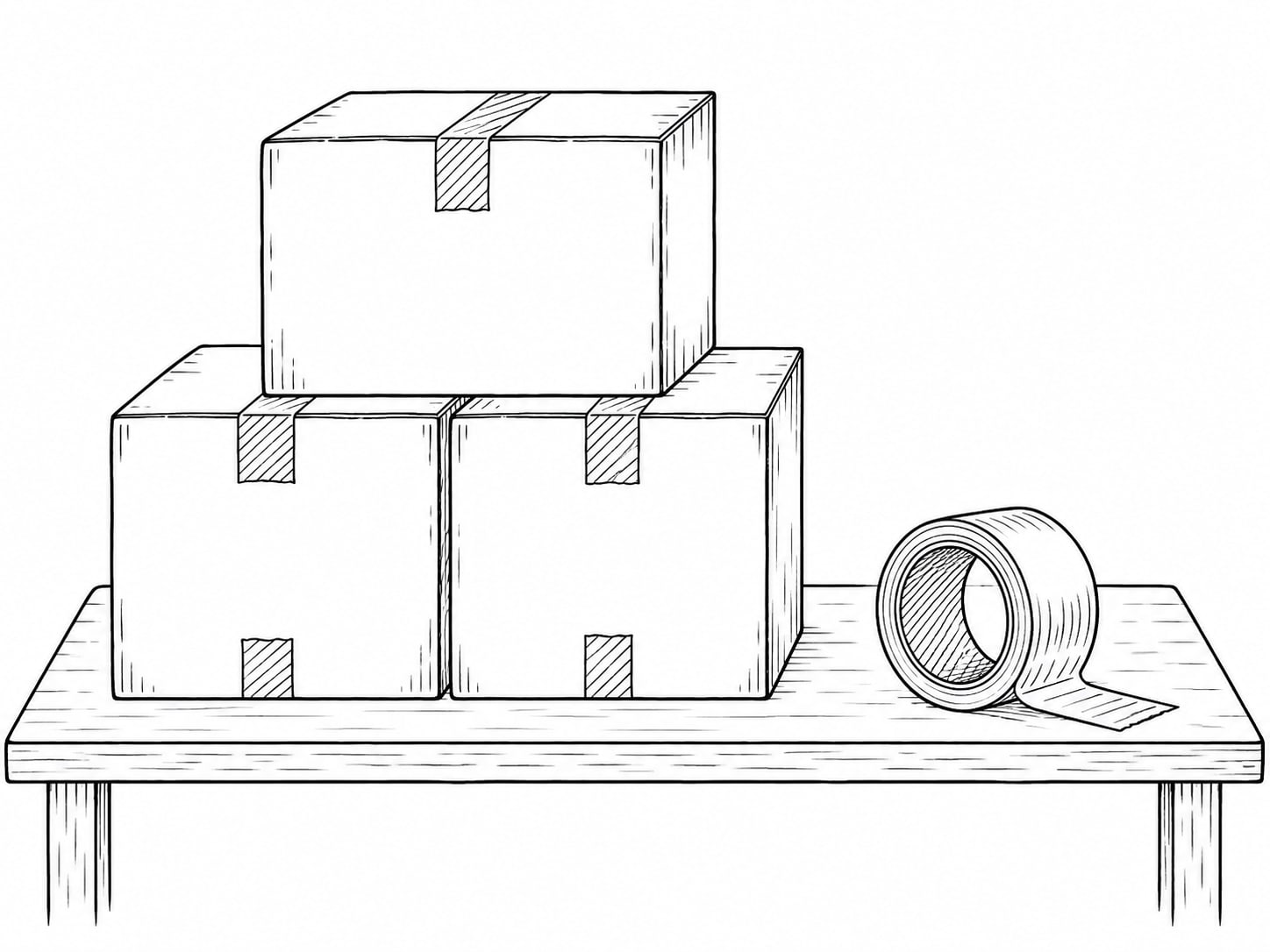 A small stack of plain cardboard boxes beside a roll of packing tape on a table.
