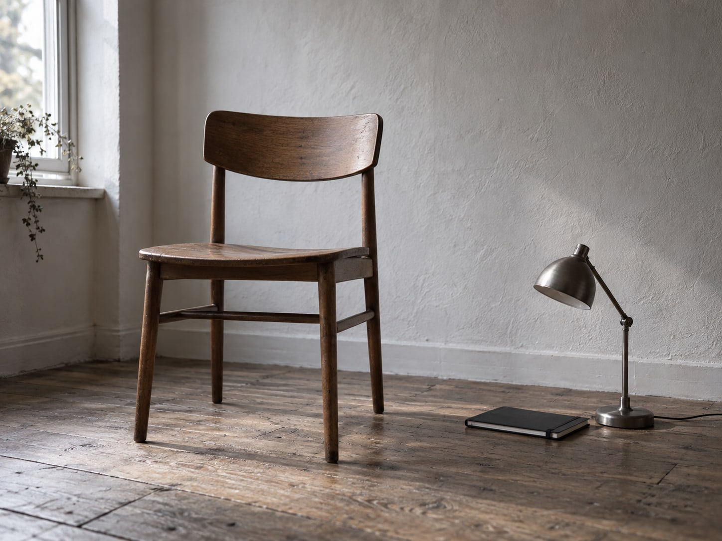 A single dining chair beside a small desk lamp and a closed notebook on a wooden floor.