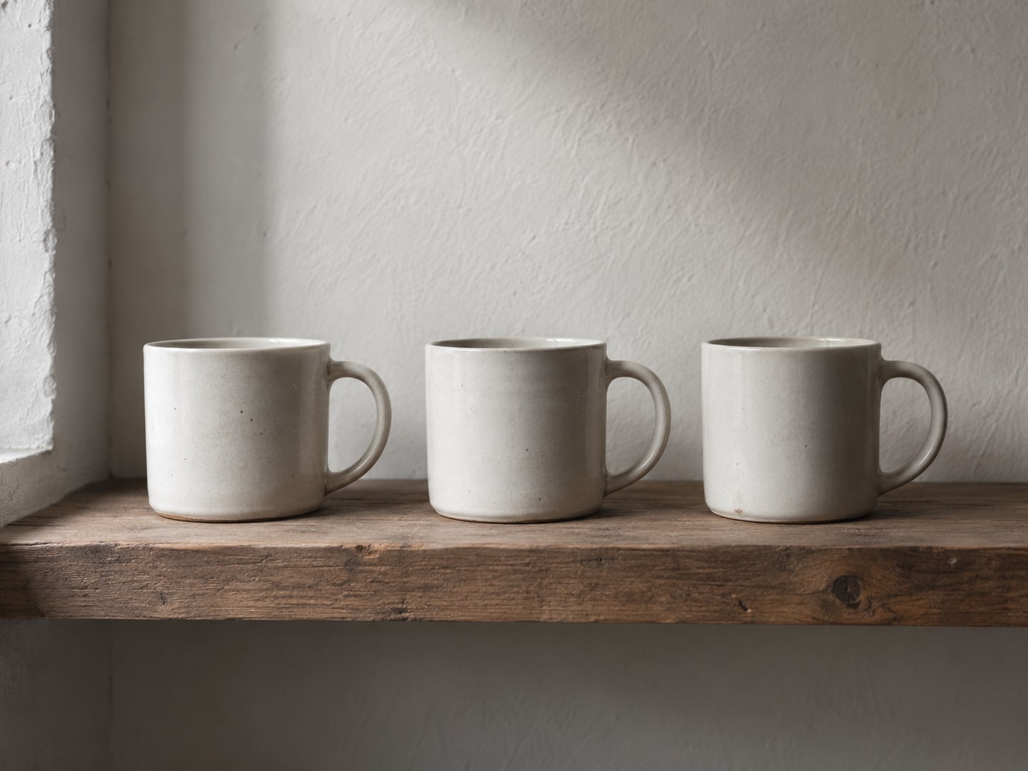 A tidy row of three empty ceramic mugs on a wooden shelf.