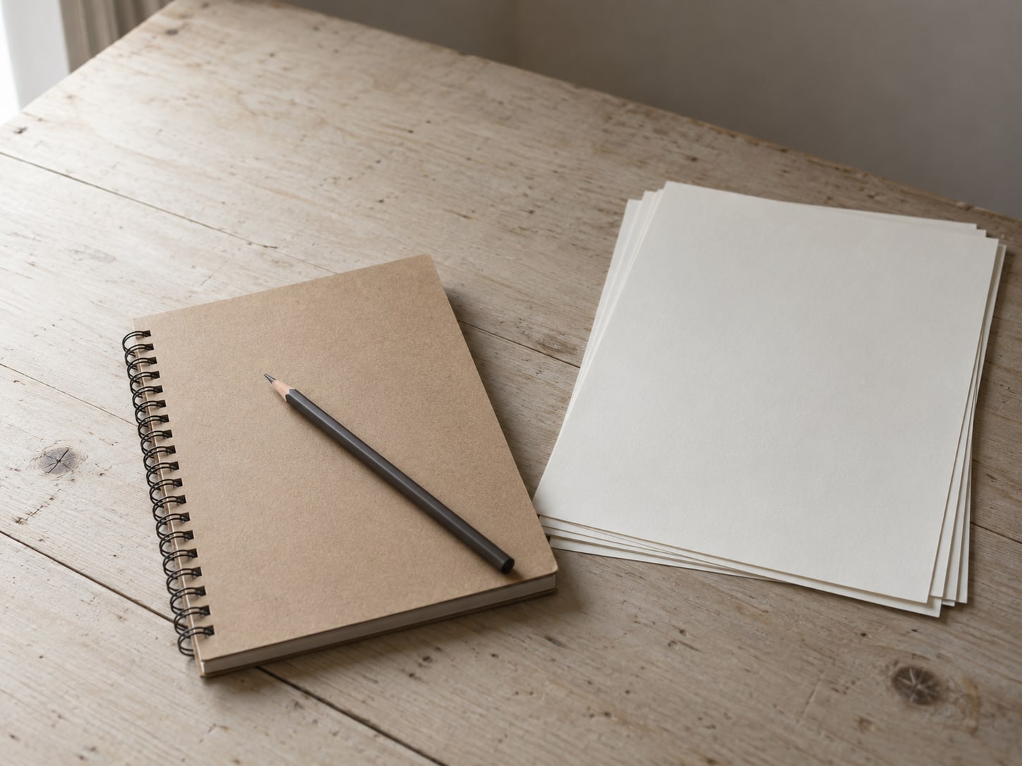 A closed spiral notebook with a pencil on top, beside a stack of five unmarked printed pages on a wooden desk.