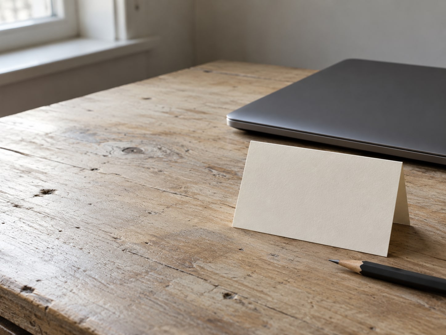 A blank cream name card propped on a wooden desk beside a closed laptop and a sharpened pencil.
