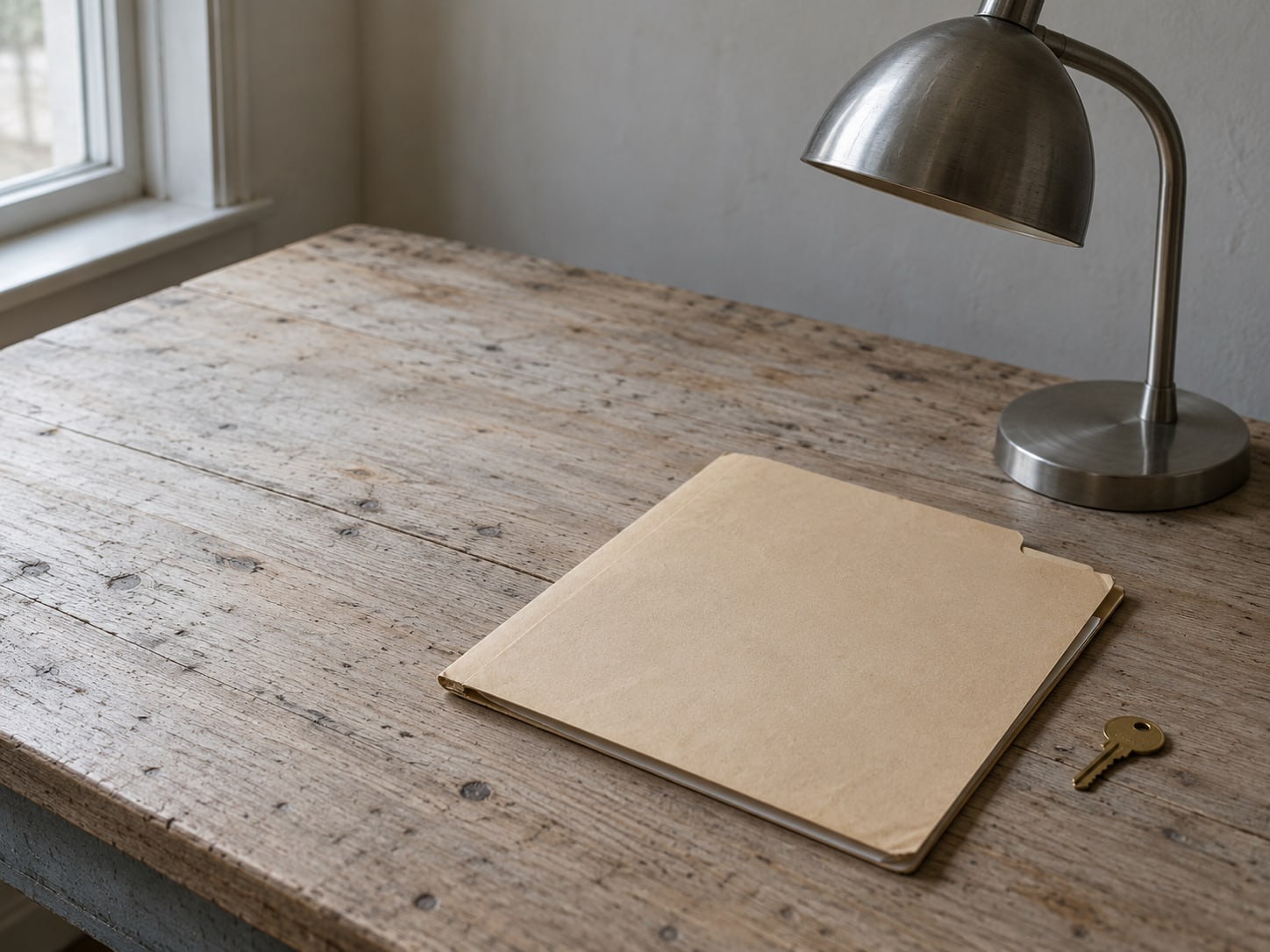 A closed manila folder, a small brass key and a desk lamp on a wooden table.