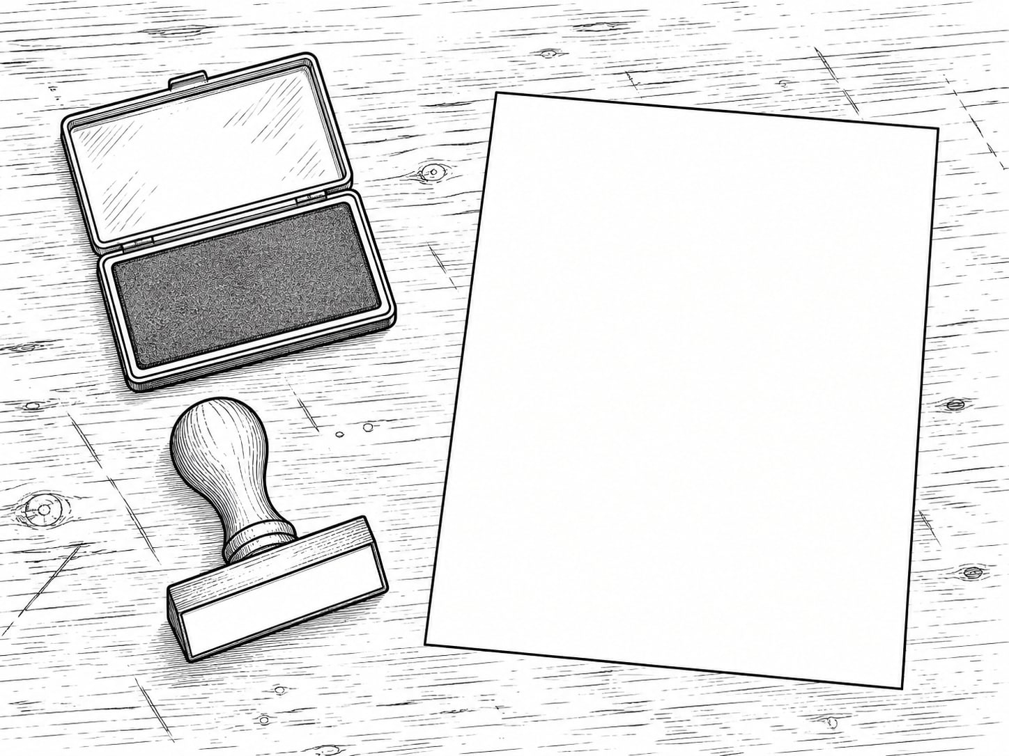 A rubber stamp and an unlabeled ink pad beside a single blank sheet of paper on a worn desk.