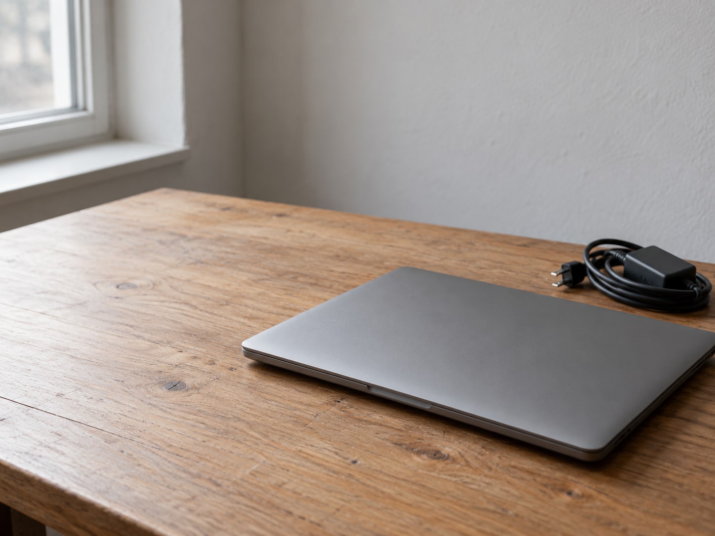 Una laptop cerrada con su cable de corriente enrollado a un lado, sobre un escritorio de madera sencillo.