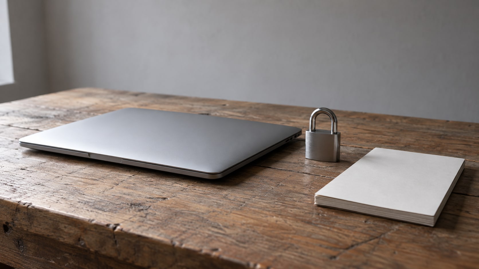 A closed laptop on a wooden desk beside a small padlock and a blank notepad.
