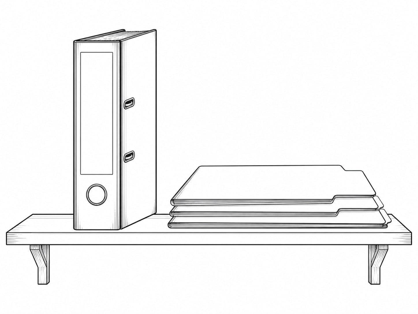 A ring binder labeled with blank tape on a shelf, next to a small stack of paper folders.