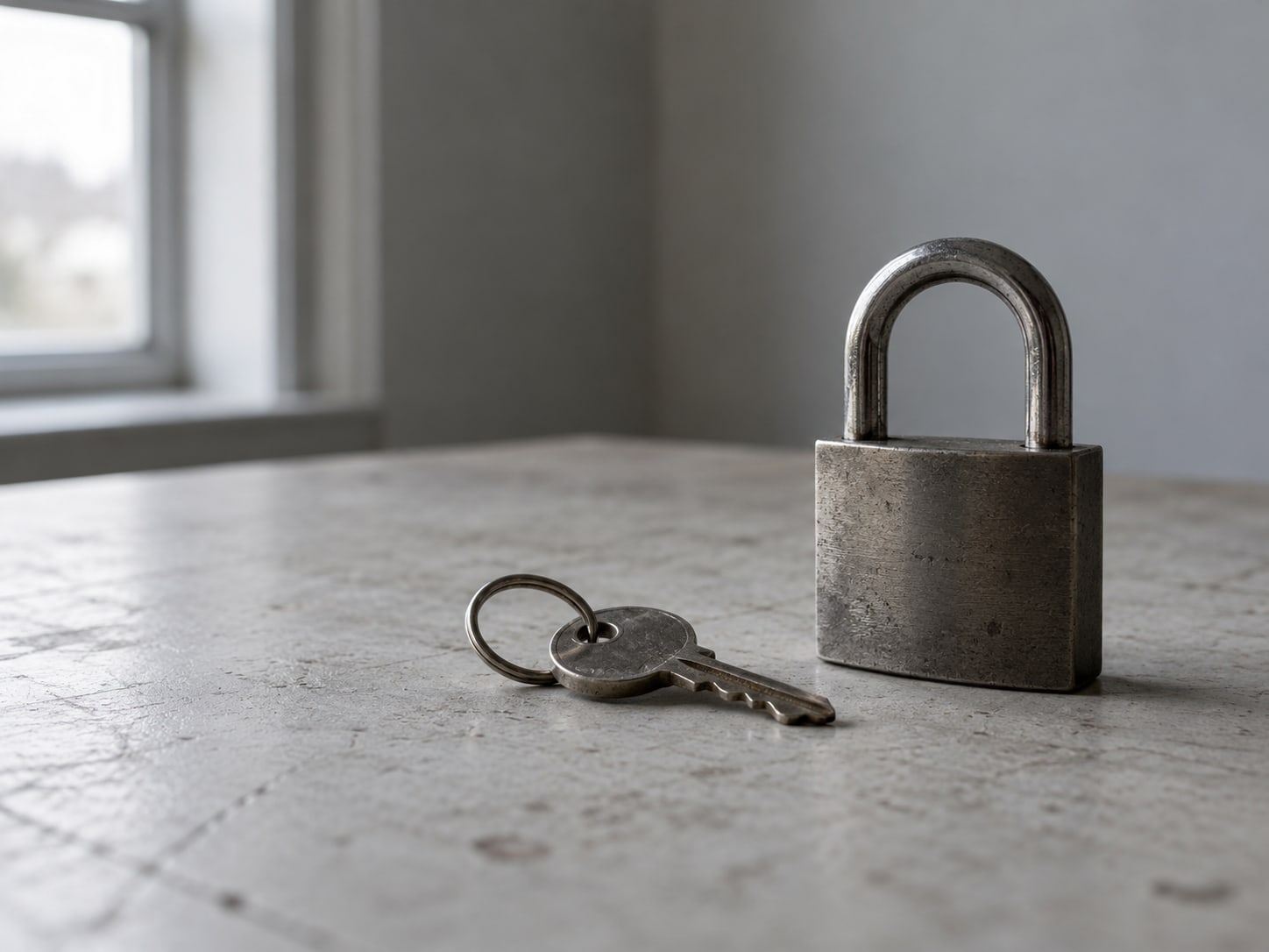 A single office key on a small ring resting beside a closed padlock on a plain table.