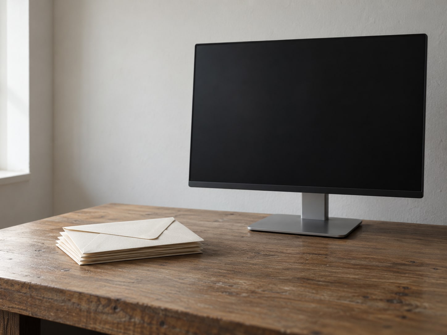 A small stack of unopened envelopes beside a switched-off desktop monitor on a tidy office desk.