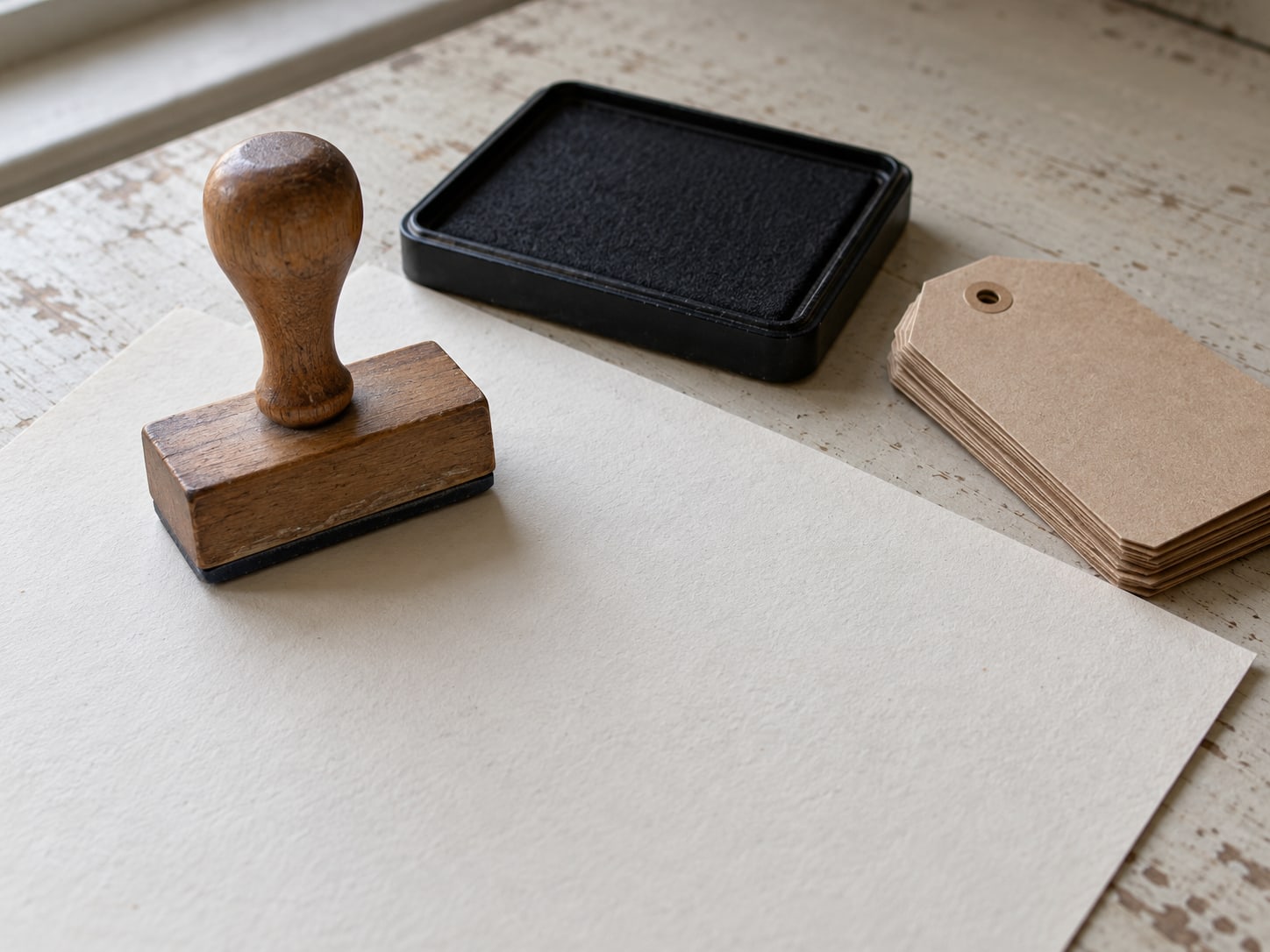 A rubber stamp and an ink pad on a blank sheet of paper, next to a small stack of unmarked cardboard tags.