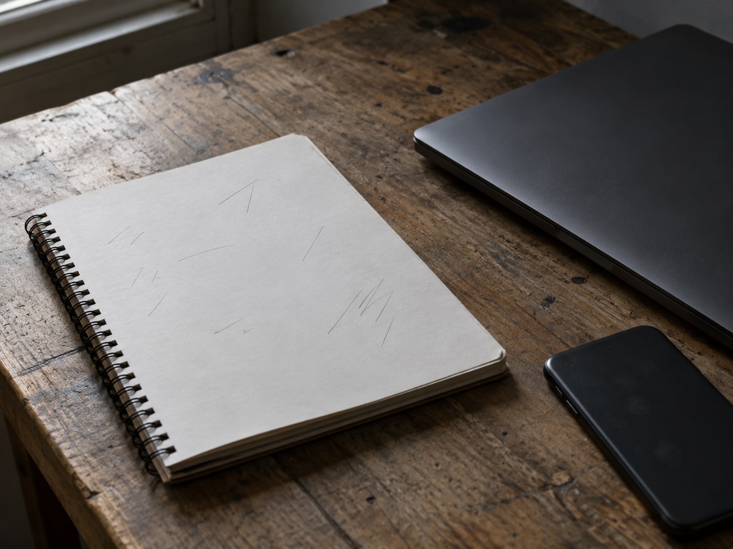 A spiral notebook open to a list of pencil marks beside a closed laptop and a face-down phone on a worn wooden desk.