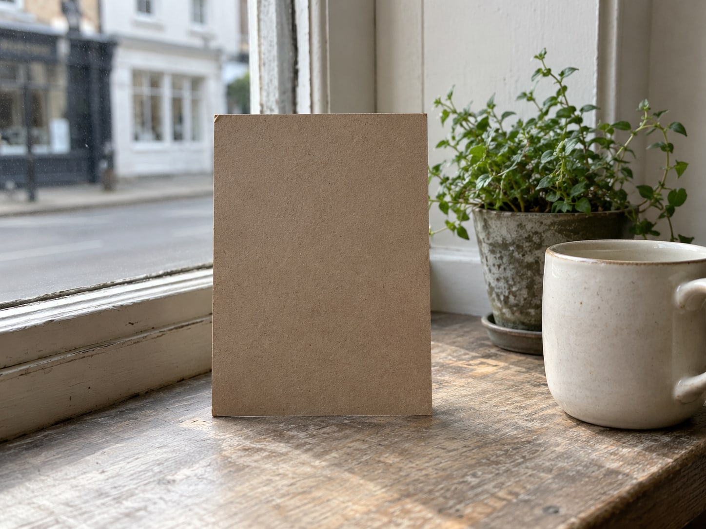 A blank cardboard notice standing in a shop window beside a ceramic mug and a small potted plant.