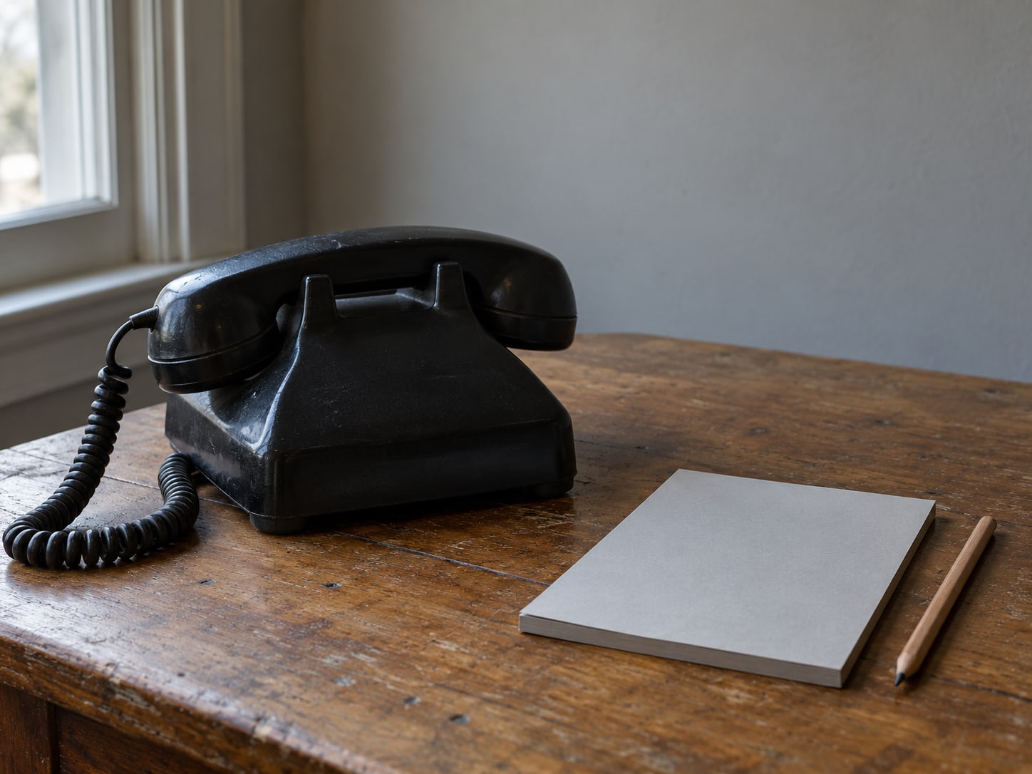 Un teléfono de escritorio negro con cable enrollado junto a una libreta en blanco y un lápiz sobre un mostrador de madera.