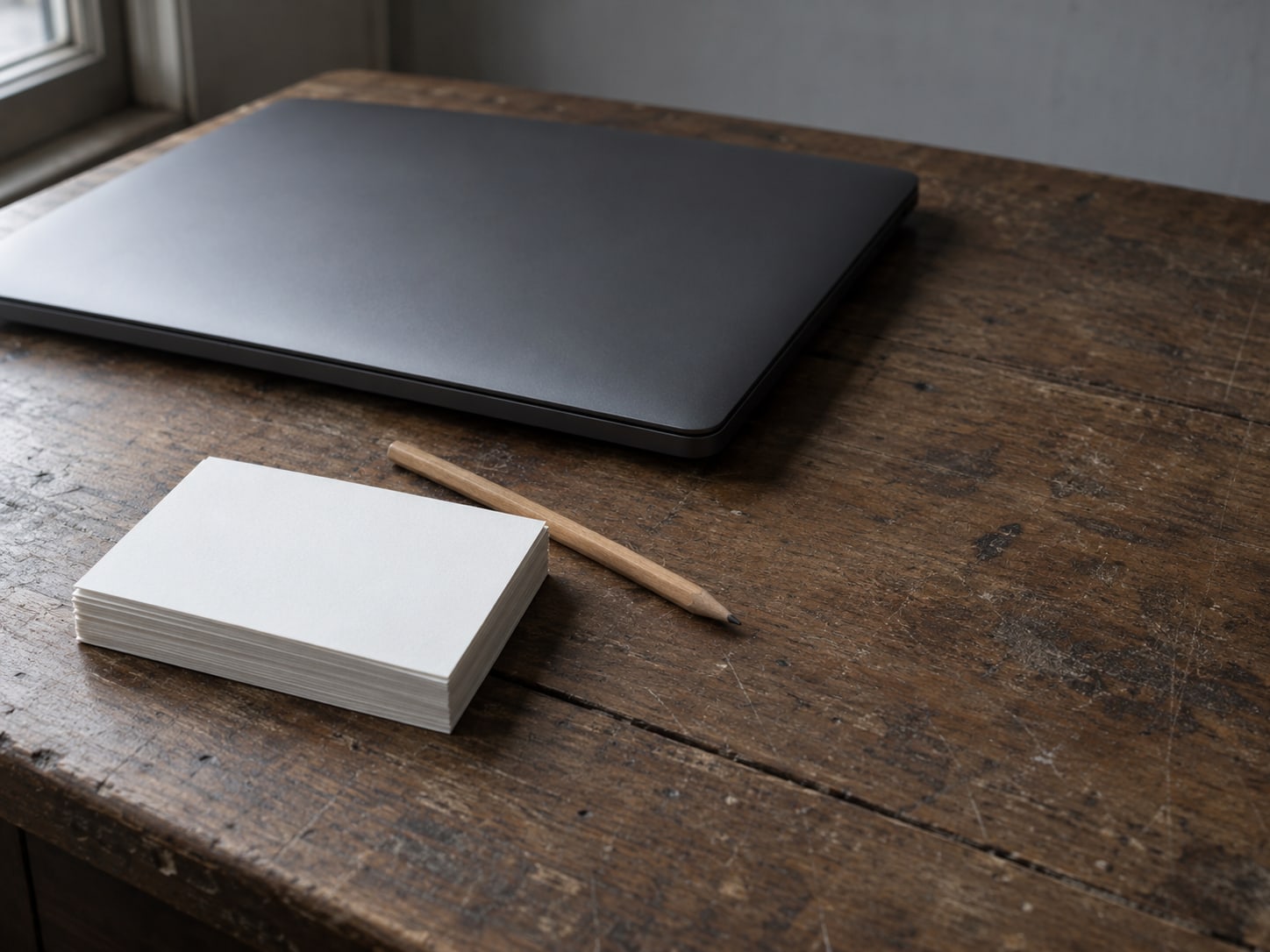 Una computadora portátil cerrada junto a un pequeño montón de tarjetas en blanco y un lápiz sobre un escritorio de madera gastada.