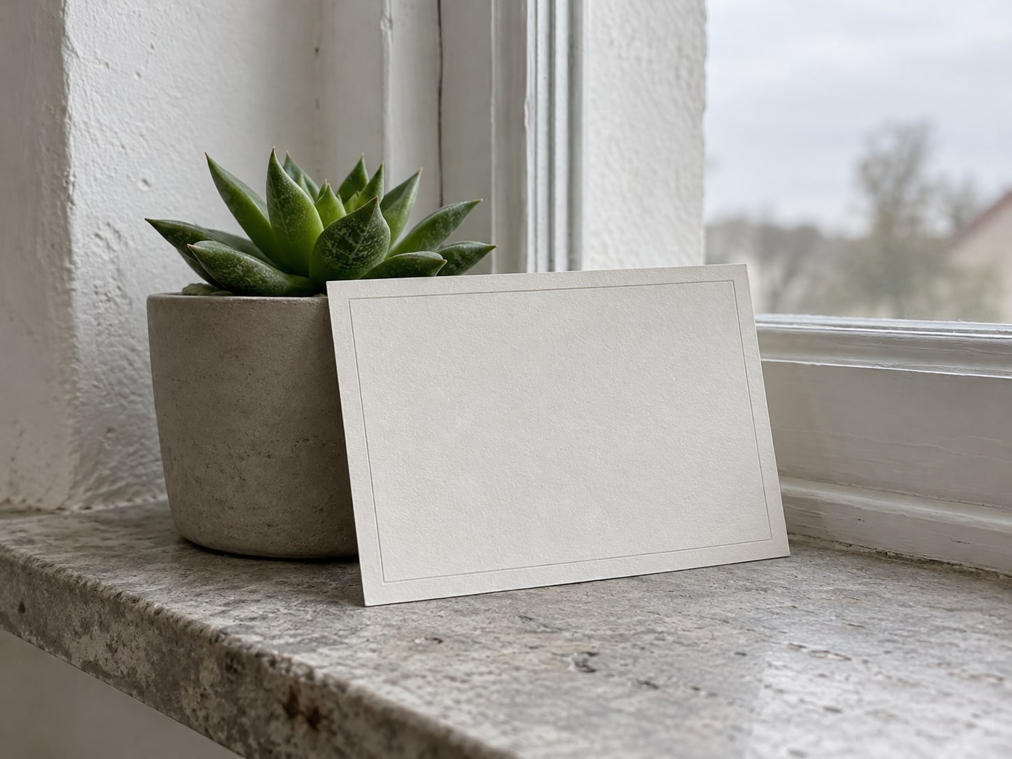 Una tarjeta rectangular con un borde impreso en blanco recargada contra una pequeña suculenta en un alféizar luminoso.