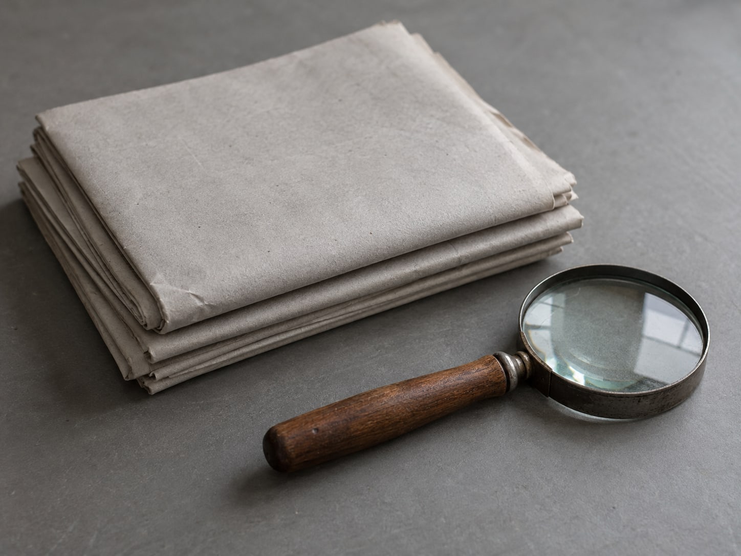 Una pequeña pila de periódicos doblados junto a una lupa con mango de madera lisa sobre una mesa gris.