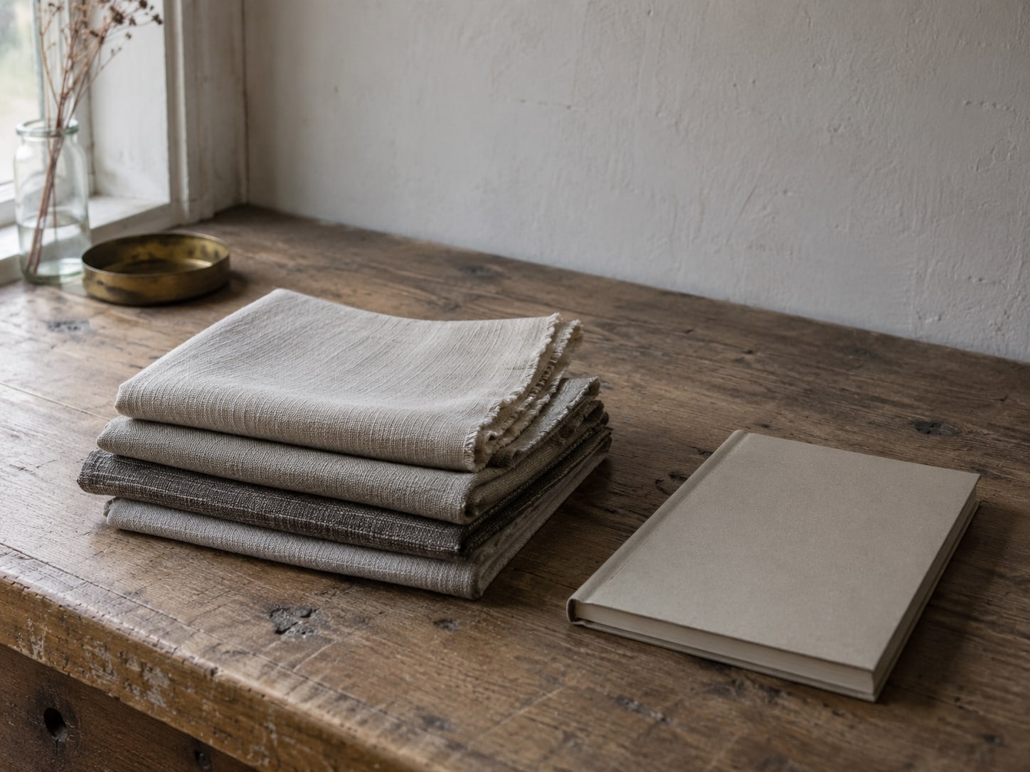 A small stack of folded cloth samples and a closed appointment book on a shop counter.