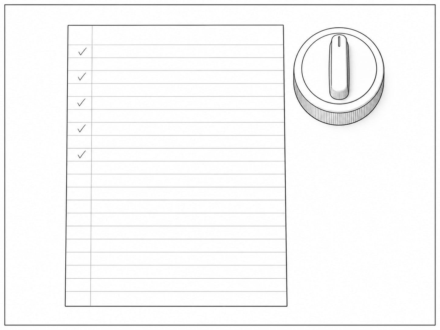 A single sheet of ruled paper with faint pencil check marks beside a small kitchen timer on a table.