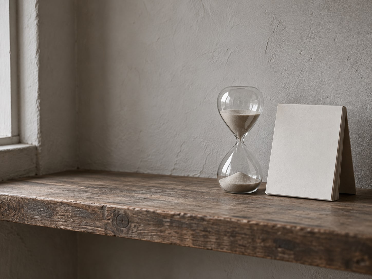A small hourglass and a closed paper calendar sitting on a plain wooden shelf.