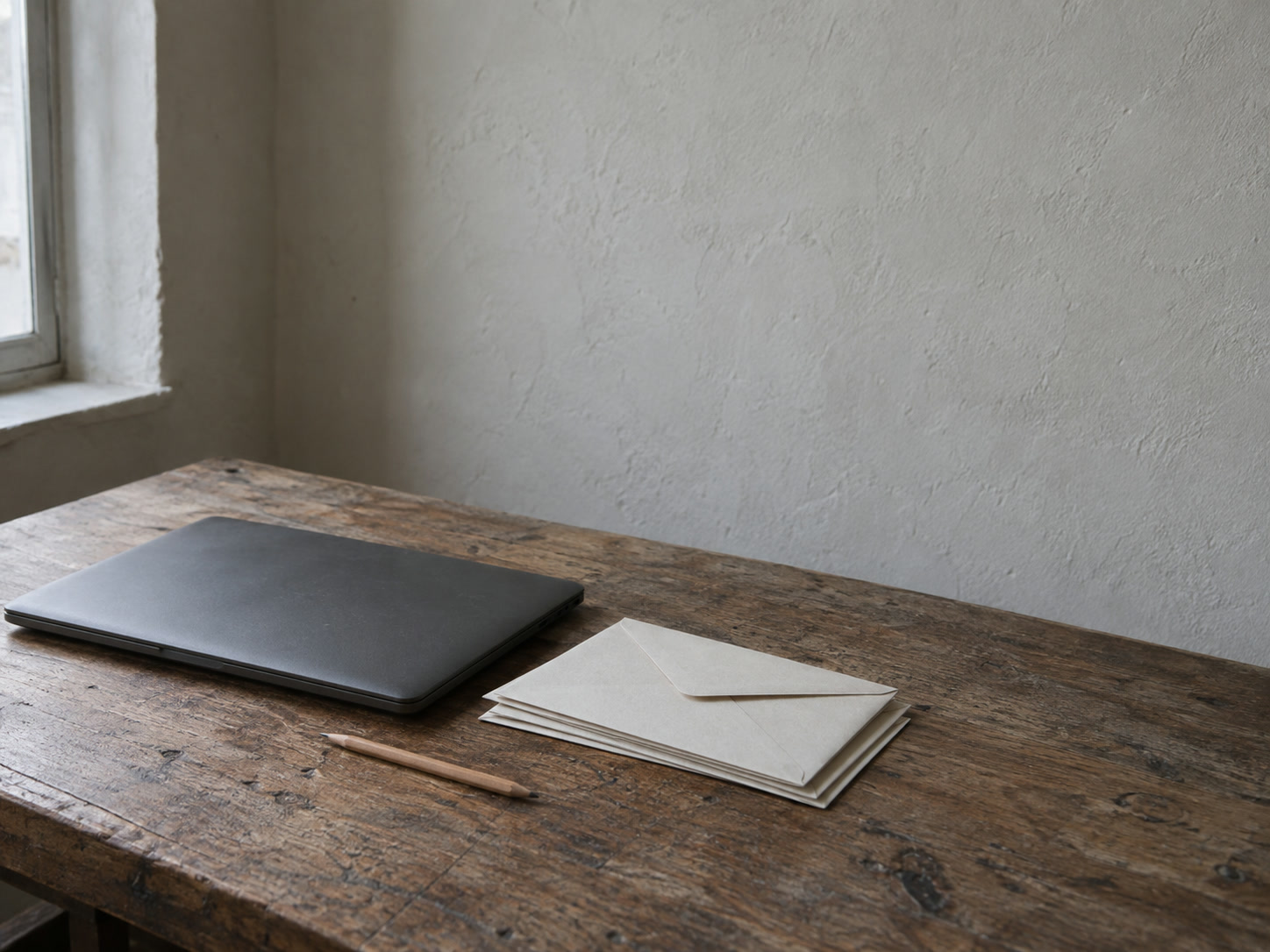 A closed laptop beside a small stack of unopened envelopes and a pencil on a worn wooden desk.