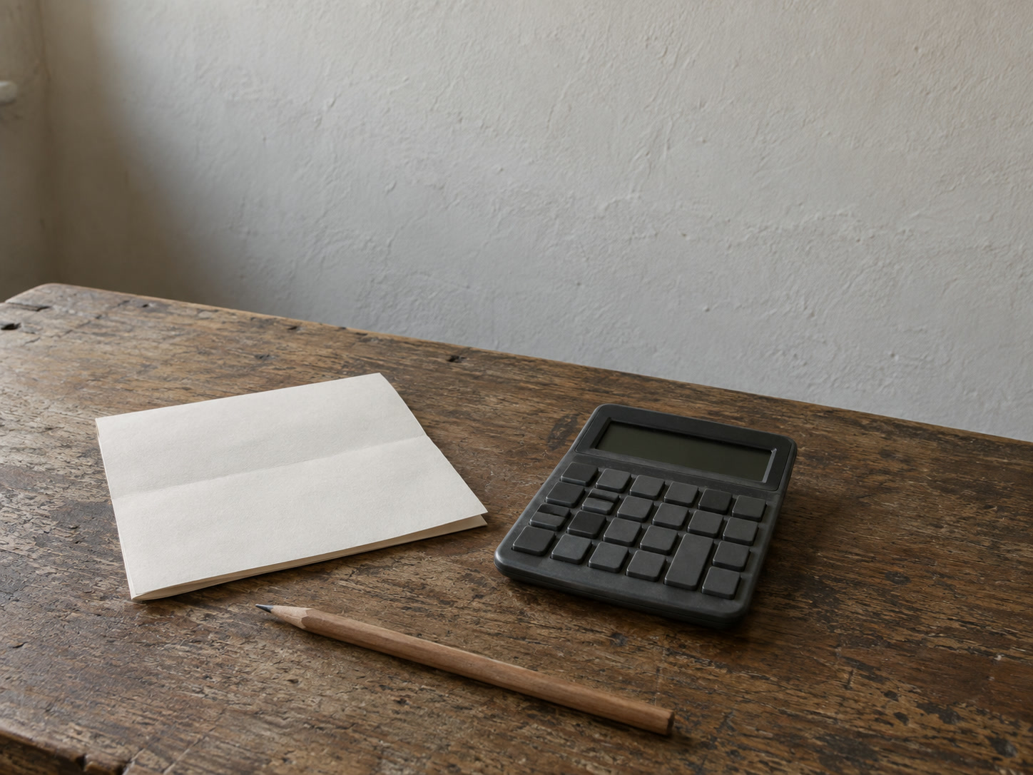 A folded sheet of plain paper beside a switched-off calculator and a sharpened pencil on a desk.
