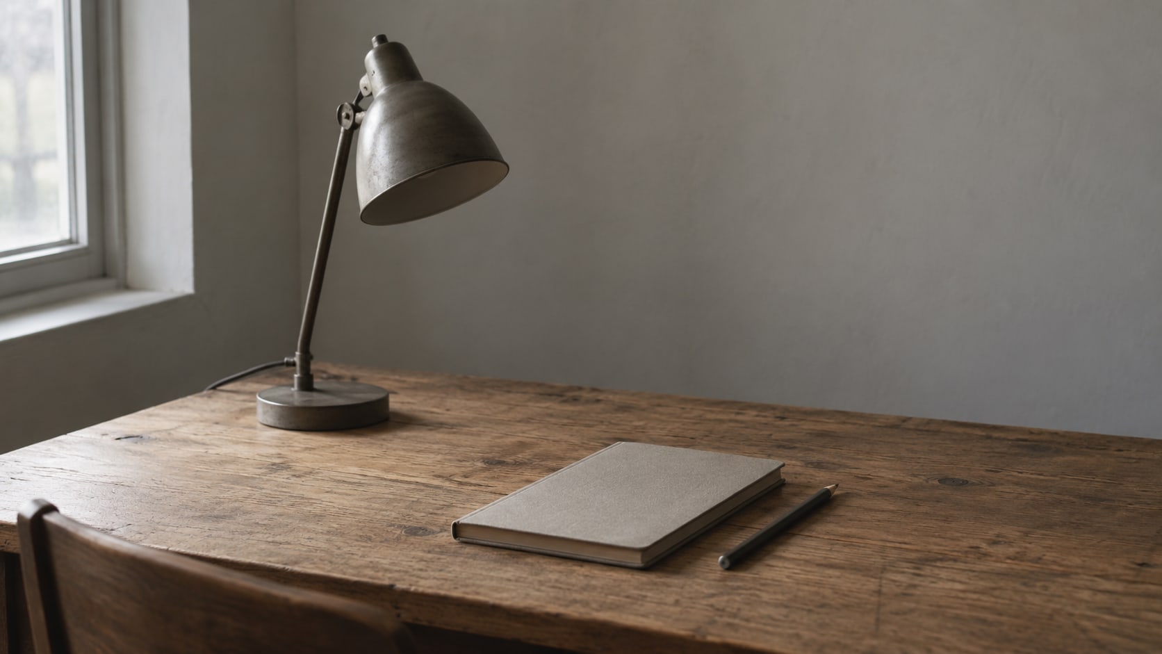 A closed notebook and a pencil beside a small unlit desk lamp on a wooden desk.