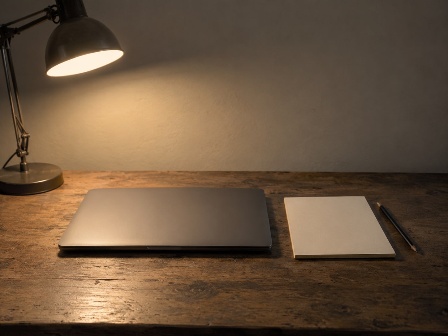 A closed laptop beside a blank notepad and a pencil on a worn desk, lit by a single desk lamp.