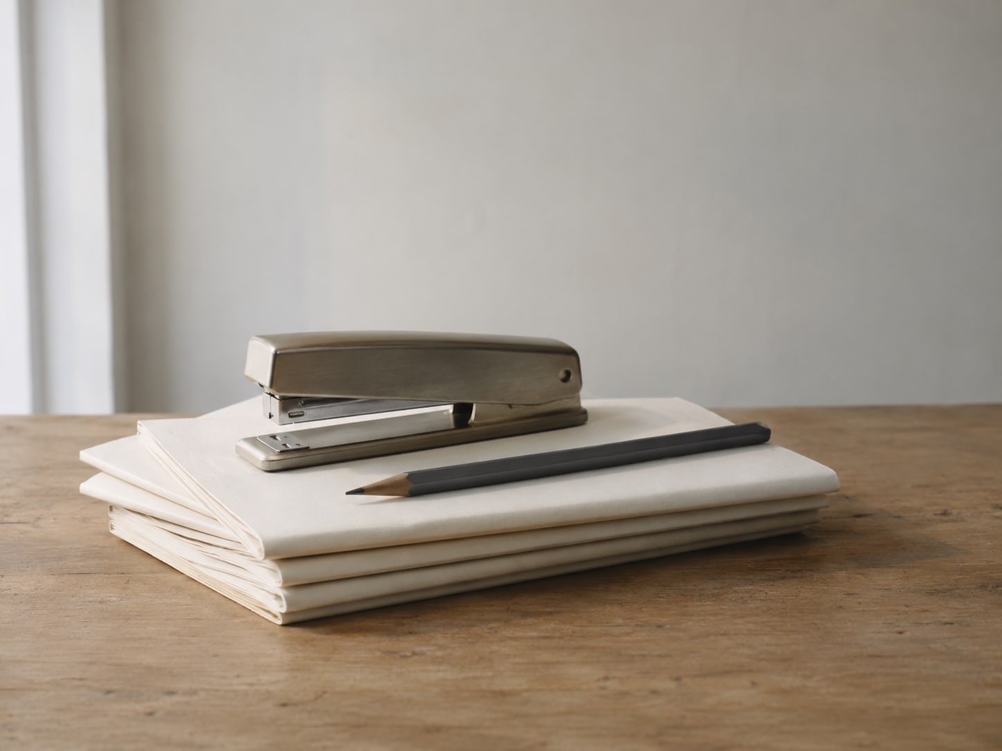 A small stack of folded paper forms and a stapler on a clean wooden counter, with a pencil laid across the top.