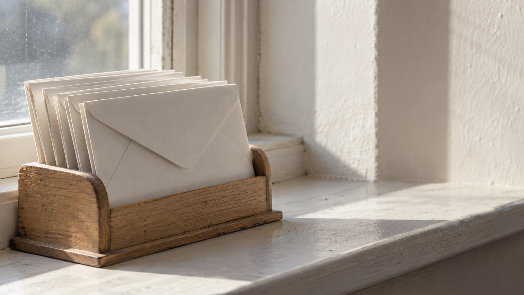 A row of sealed blank envelopes standing upright in a wooden letter holder on a sunlit windowsill.
