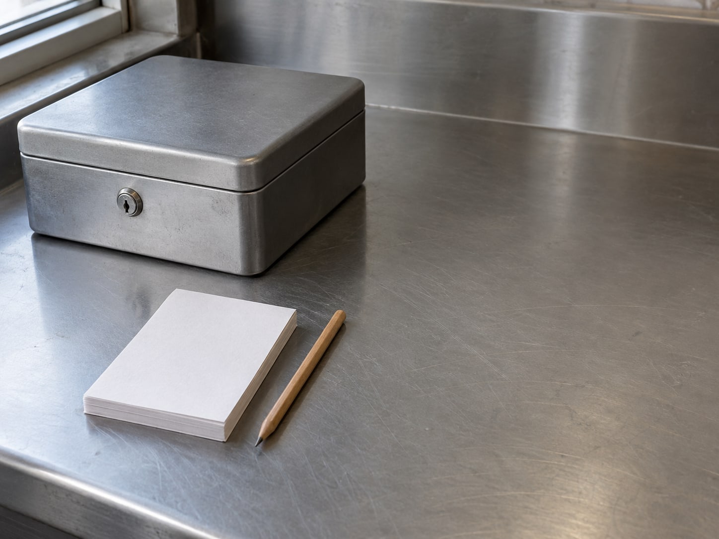 Una pequeña pila de comandas en blanco y un lápiz sobre un mostrador de acero inoxidable, junto a una caja de dinero cerrada.