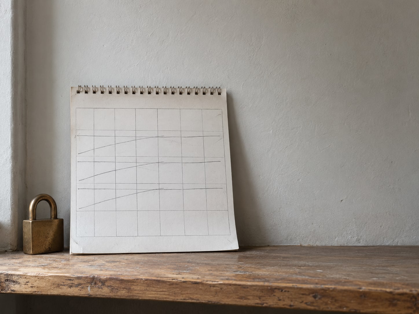 Un calendario de pared de papel con varias semanas en blanco tachadas a lápiz, junto a un candado cerrado sobre un estante de madera.