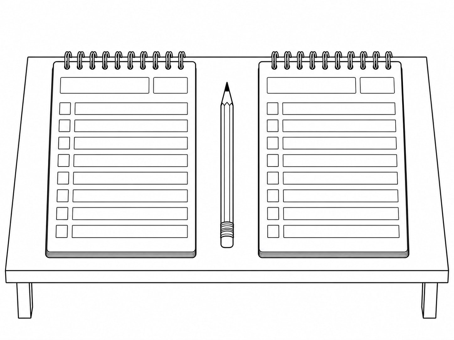 Two blank notepads side by side with a pencil between them on a table.