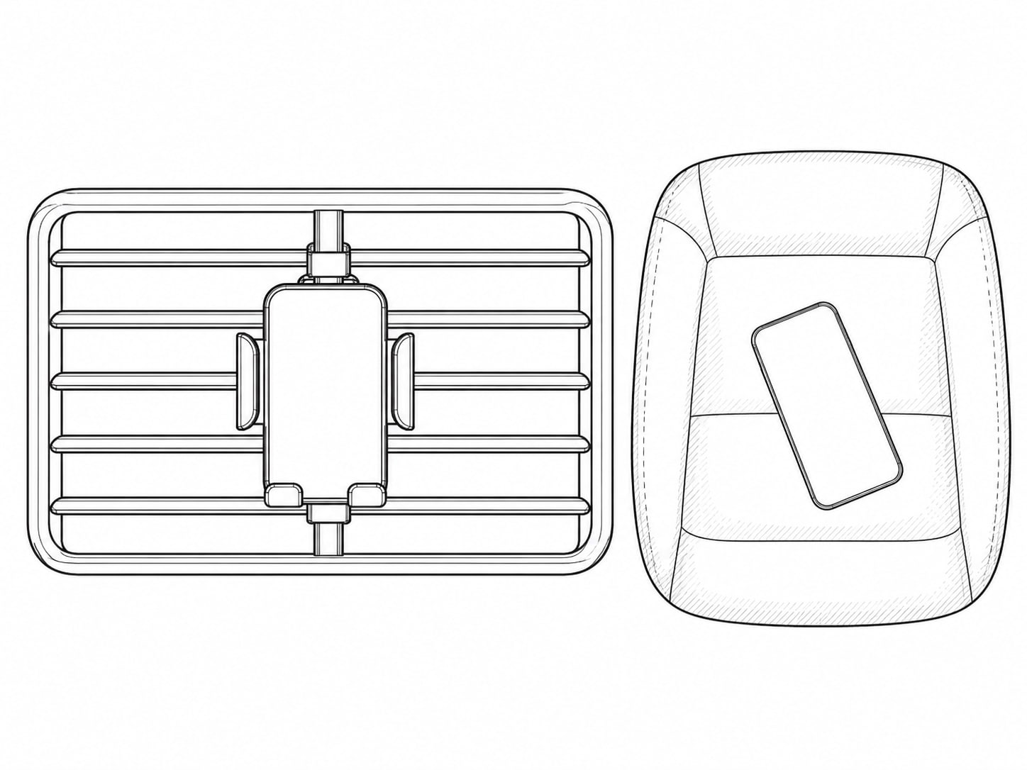 Un soporte oscuro para teléfono sujeto a la rejilla de ventilación del tablero de un auto, con el teléfono a su lado boca abajo sobre el asiento del pasajero.