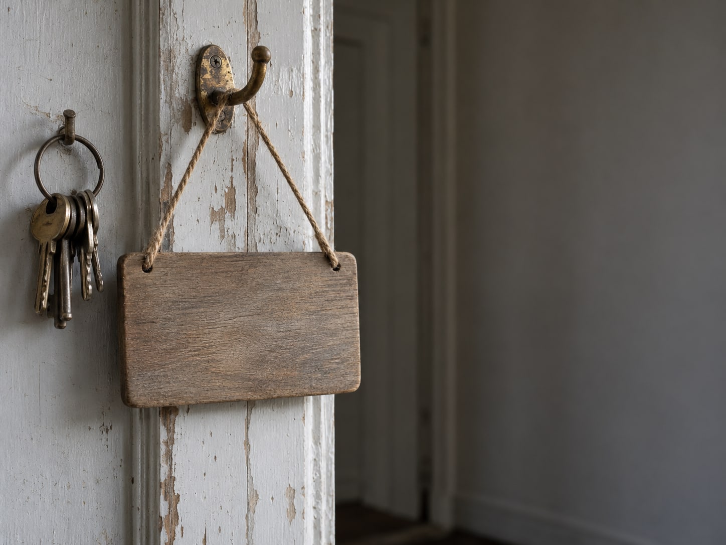 Un letrero de madera de puerta cerrada colgado de un gancho de latón, con el reverso en blanco, junto a un llavero sobre un marco de puerta gastado.