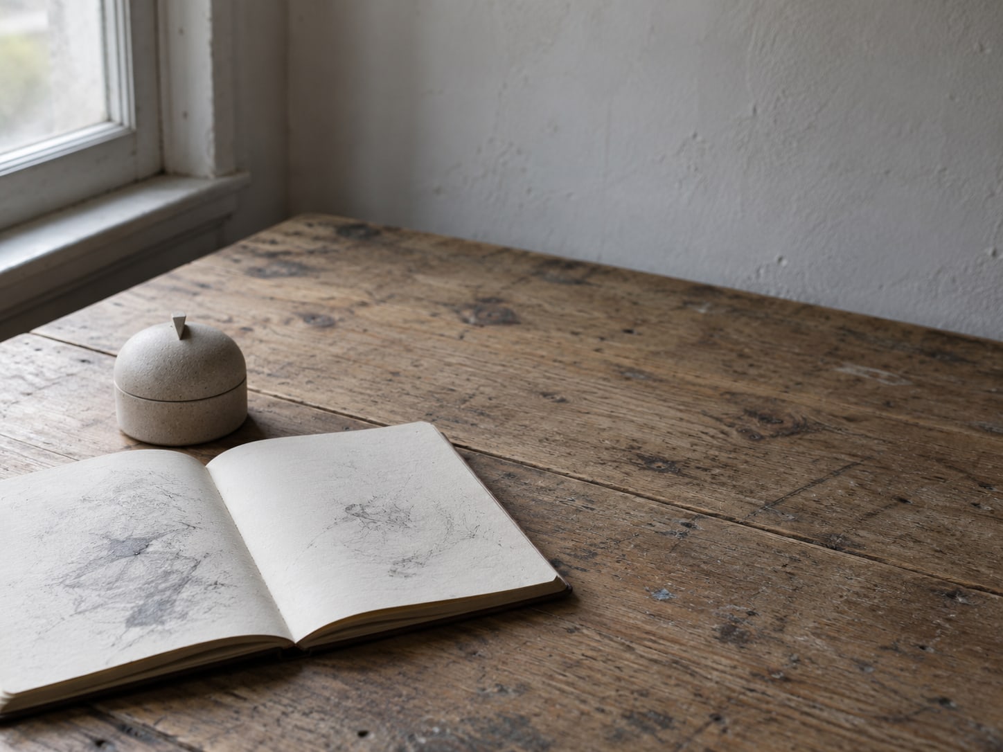 Un temporizador de cocina junto a un cuaderno abierto con algunas marcas de lápiz ilegibles, sobre una mesa de trabajo limpia.