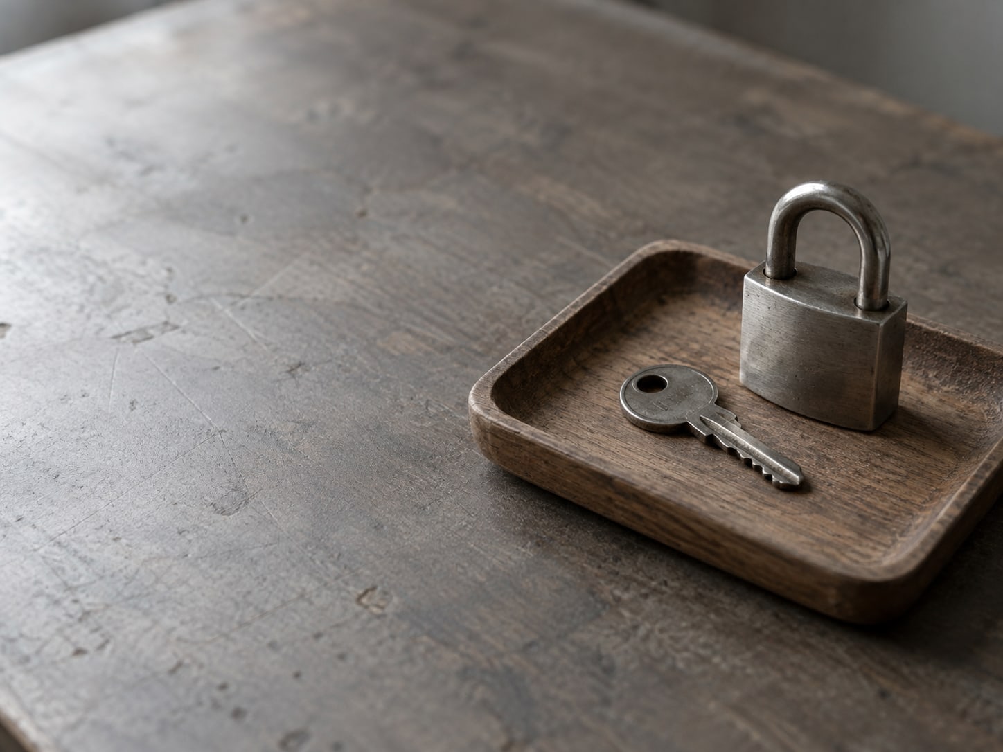 A single key on a small wooden tray beside a padlock, resting on a plain desk.