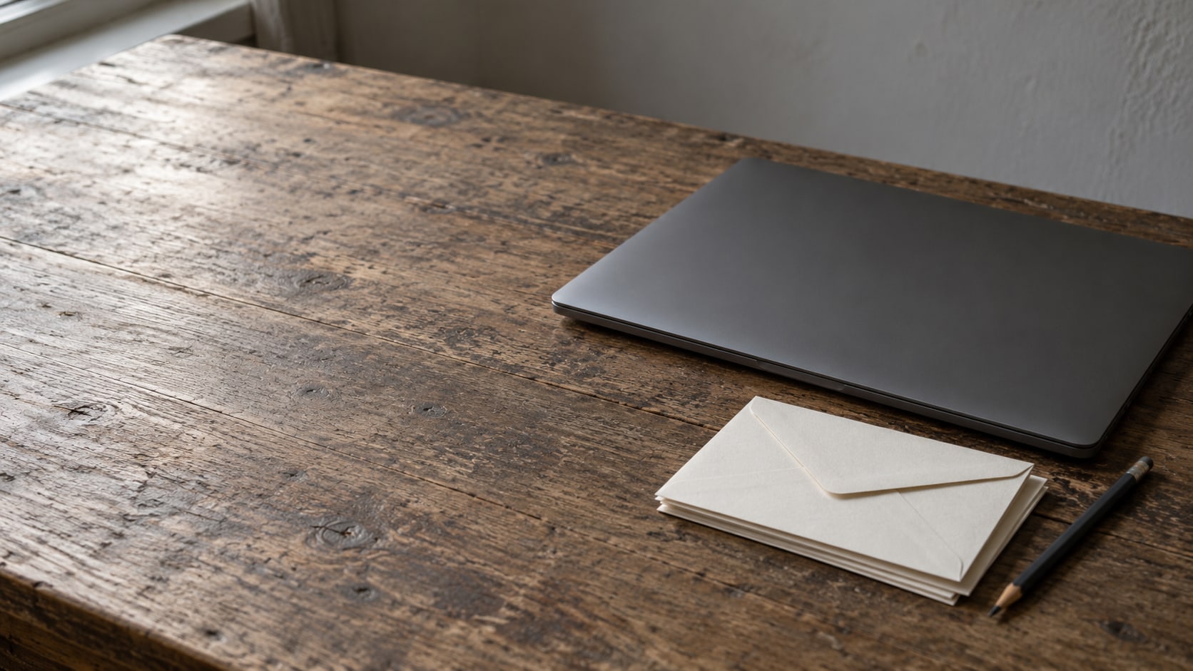 A closed laptop beside a small stack of unopened envelopes and a pencil on a worn wooden desk.